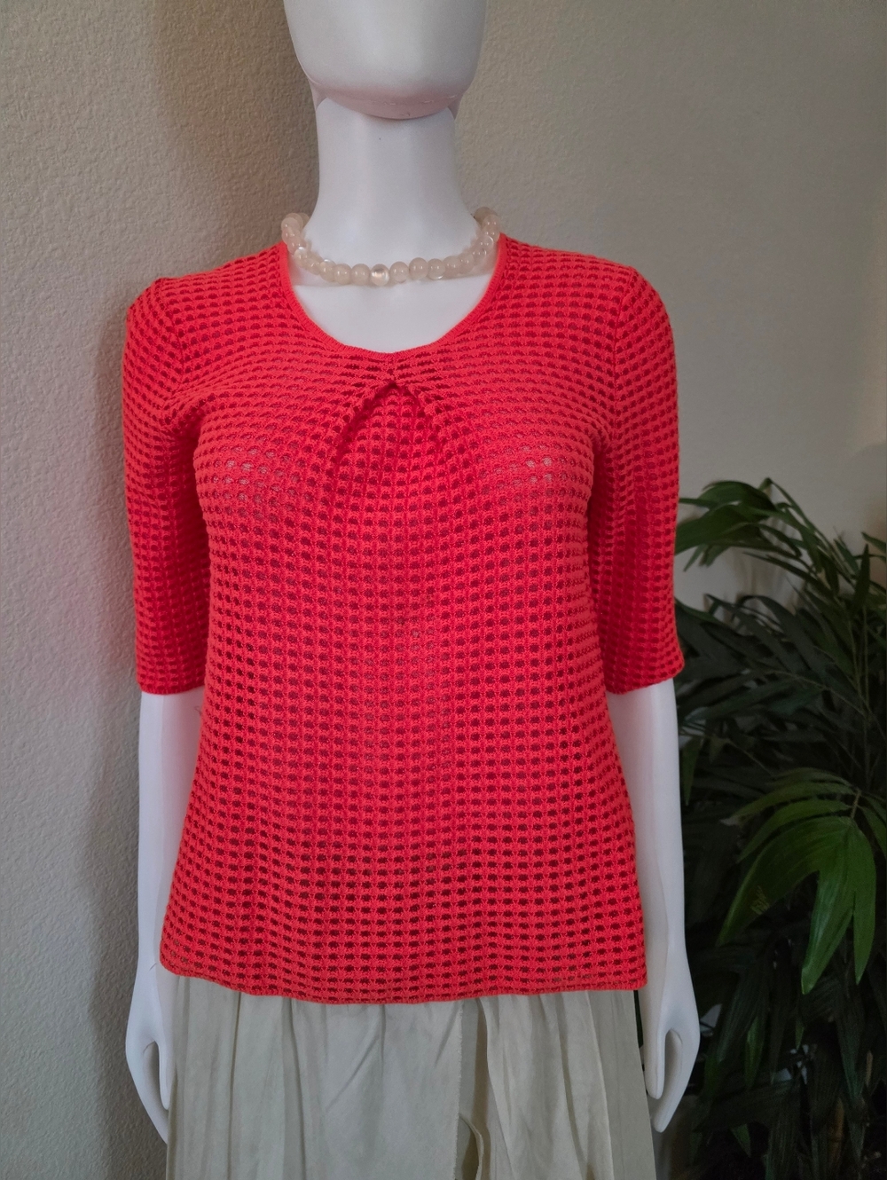 Louis Vuitton Orange Cashmere Mesh Half Sleeve Knit Top